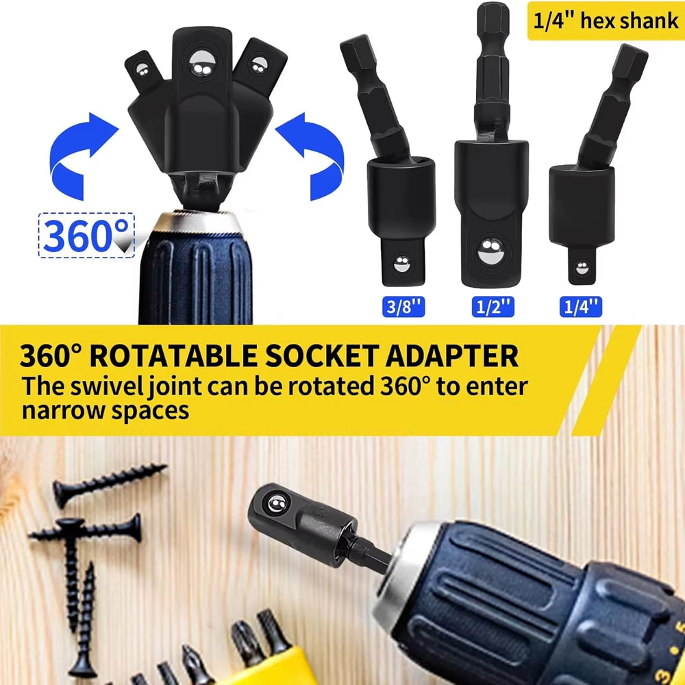 105° Right Angle Drill Adapter with 1/4" 3/8" 1/2" Impact Grade Socket Adapter 360° Rotation for Household Workplace Industry
