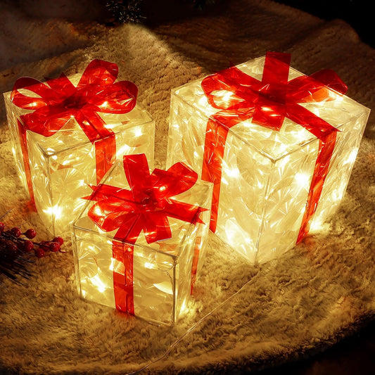 Christmas Lighted Boxes, Set of 3 60 LED Light up Decor Outdoor, Light up Christmas Boxes Present Decorations Outdoor Yard