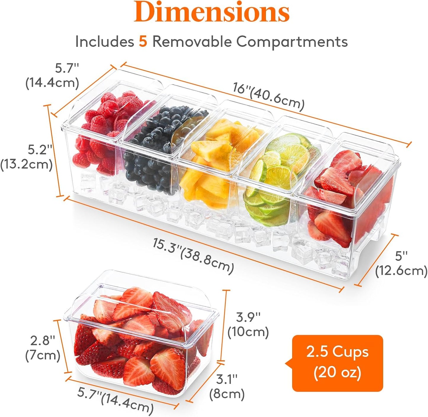 Ice Chilled Condiment Caddy with 5X 20Oz(2.5 Cup) Containers, 15.3" Condiment Server with Separate Lids, Serving Tray Platter with Removable Dishes for Bar, Fruit, Salad, Taco, Party Garnish