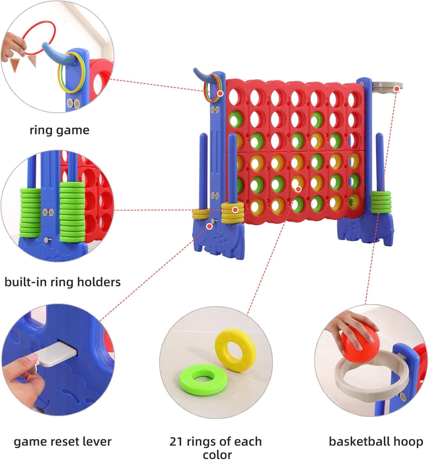Giant 4-In-A-Row Game with Carry Bag, 3-In-1 Jumbo 4-To-Score Outdoor Yard Game with Basketball Hoop, Ring Toss, Quick-Release Slider, 42 Rings, Family Party Game for Kids & Adults