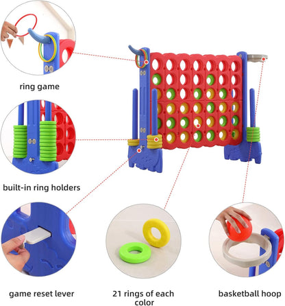 Giant 4-In-A-Row Game with Carry Bag, 3-In-1 Jumbo 4-To-Score Outdoor Yard Game with Basketball Hoop, Ring Toss, Quick-Release Slider, 42 Rings, Family Party Game for Kids & Adults