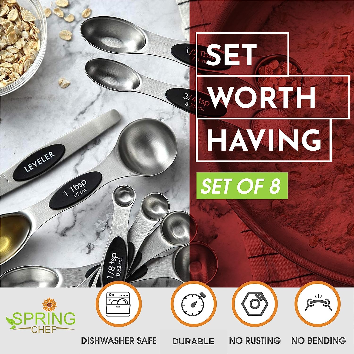 Stainless Steel Magnetic Measuring Spoons Set with Strong N45 Magnets, Heavy Duty Metal Kitchen Gadgets for Baking & Cooking, Fits in Most Kitchen Spice Jars, Set of 8 with Leveler, Black