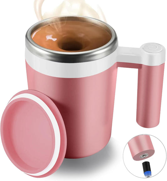 Self Stirring Mug,Rechargeable Auto Magnetic Coffee Mug with 2Pc Stir Bar,Waterproof Automatic Mixing Cup for Milk/Cocoa at Office/Kitchen/Travel 14Oz Best Gift - Pink