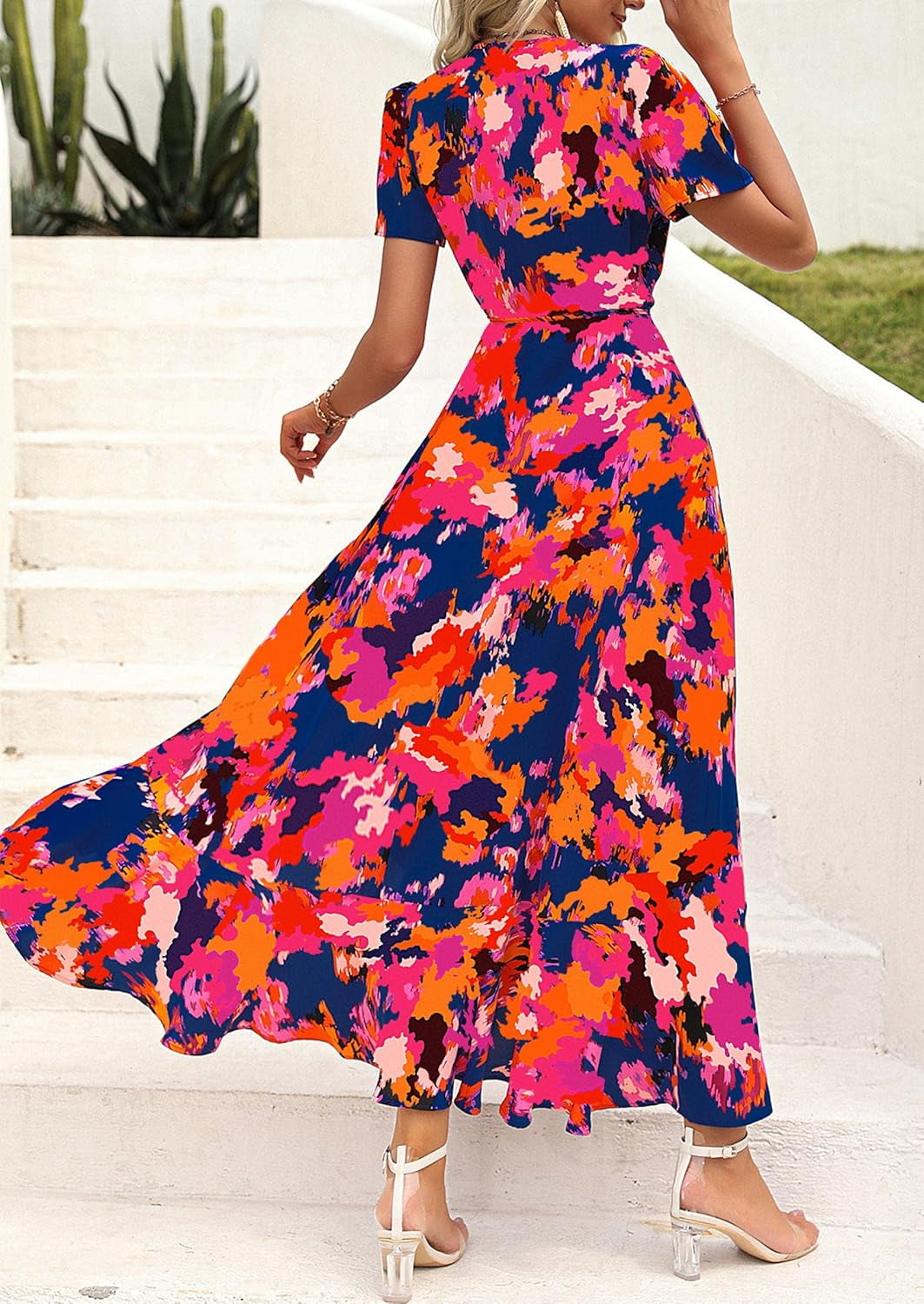 Women'S Boho Floral Maxi Dress Summer Short Sleeve Wrap V Neck Long Flowy Beach Vacation Wedding Guest Dresses