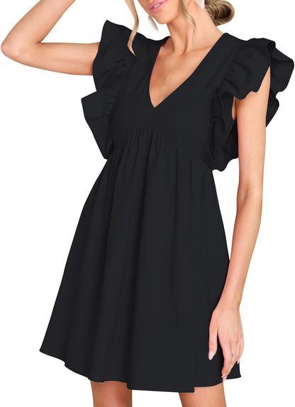Women'S Summer Casual Babydoll Mini Dress Ruffle Sleeveless Deep V Neck Pleated Swing Flowy Tunic Dress