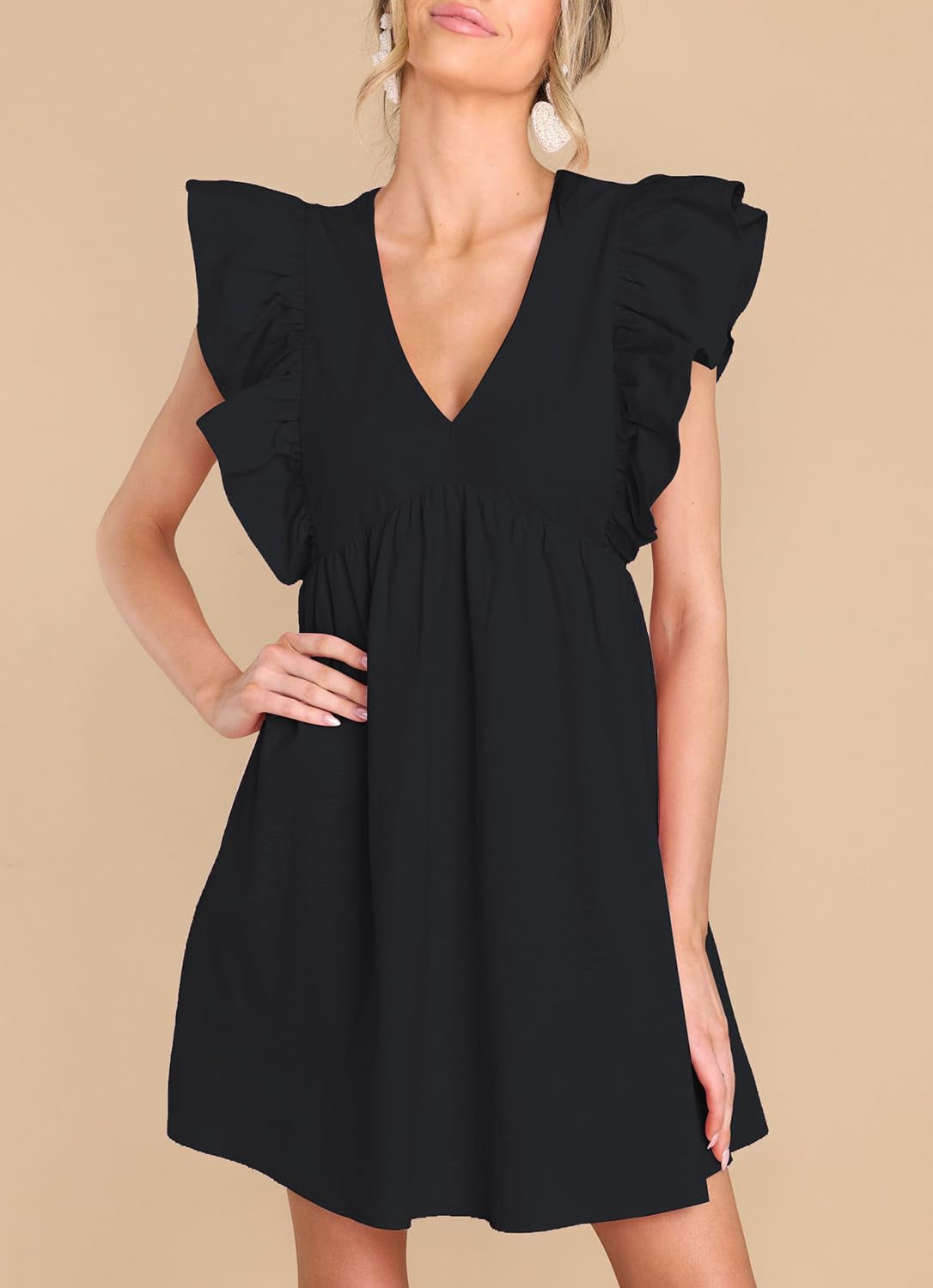 Women'S Summer Casual Babydoll Mini Dress Ruffle Sleeveless Deep V Neck Pleated Swing Flowy Tunic Dress