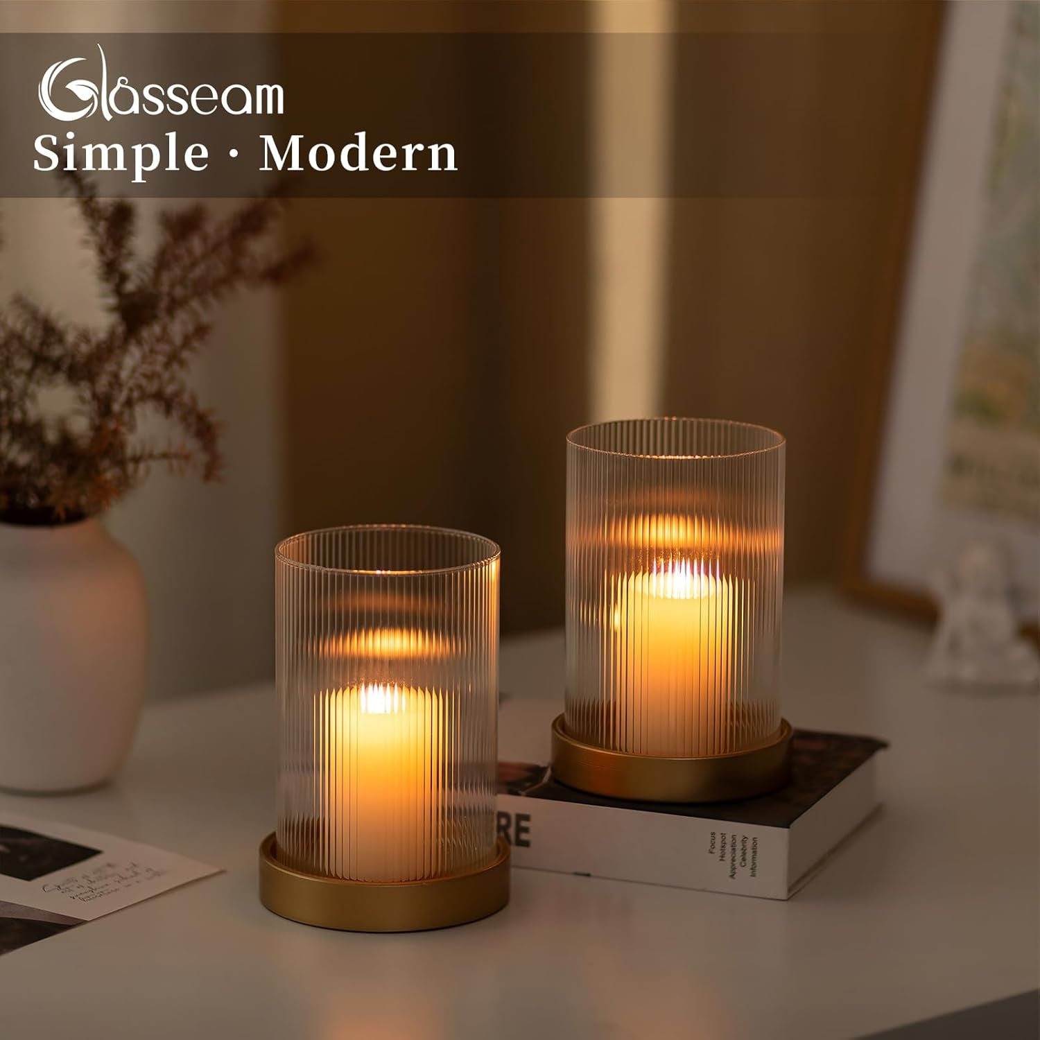Hurricane Glass Candle Holder: Gold Pillar Candle Holders Set of 2 Ribbed Glass Cylinder Covers with Metal Candle Tray Modern Candle Holders for Table Centerpiece Living Room Decorations