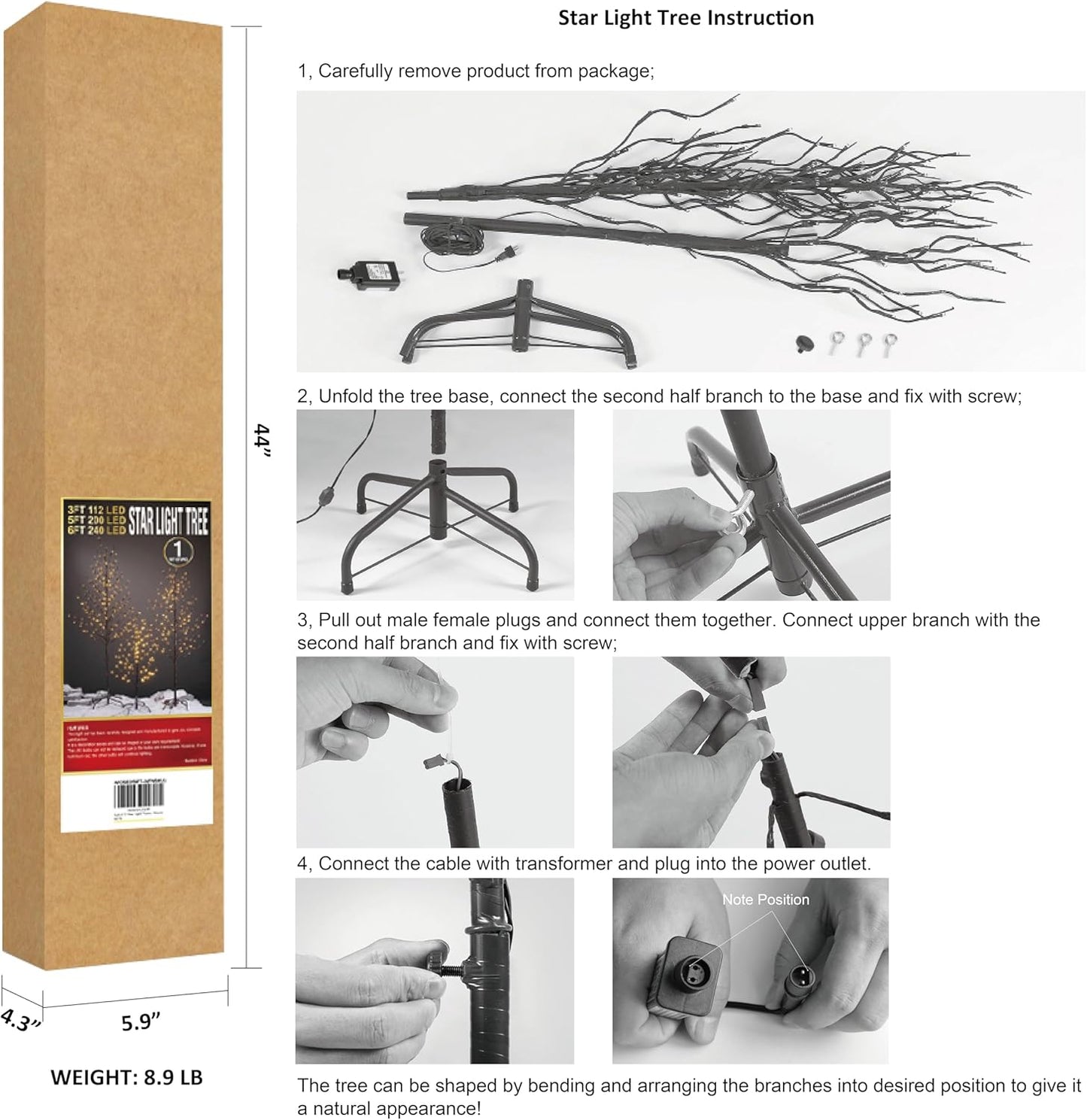 Set of 3 Star Light Trees Christmas Decorations, Including 3 Feet, 5 Feet, and 6 Feet, Warm White Christmas Tree, Brown Branch