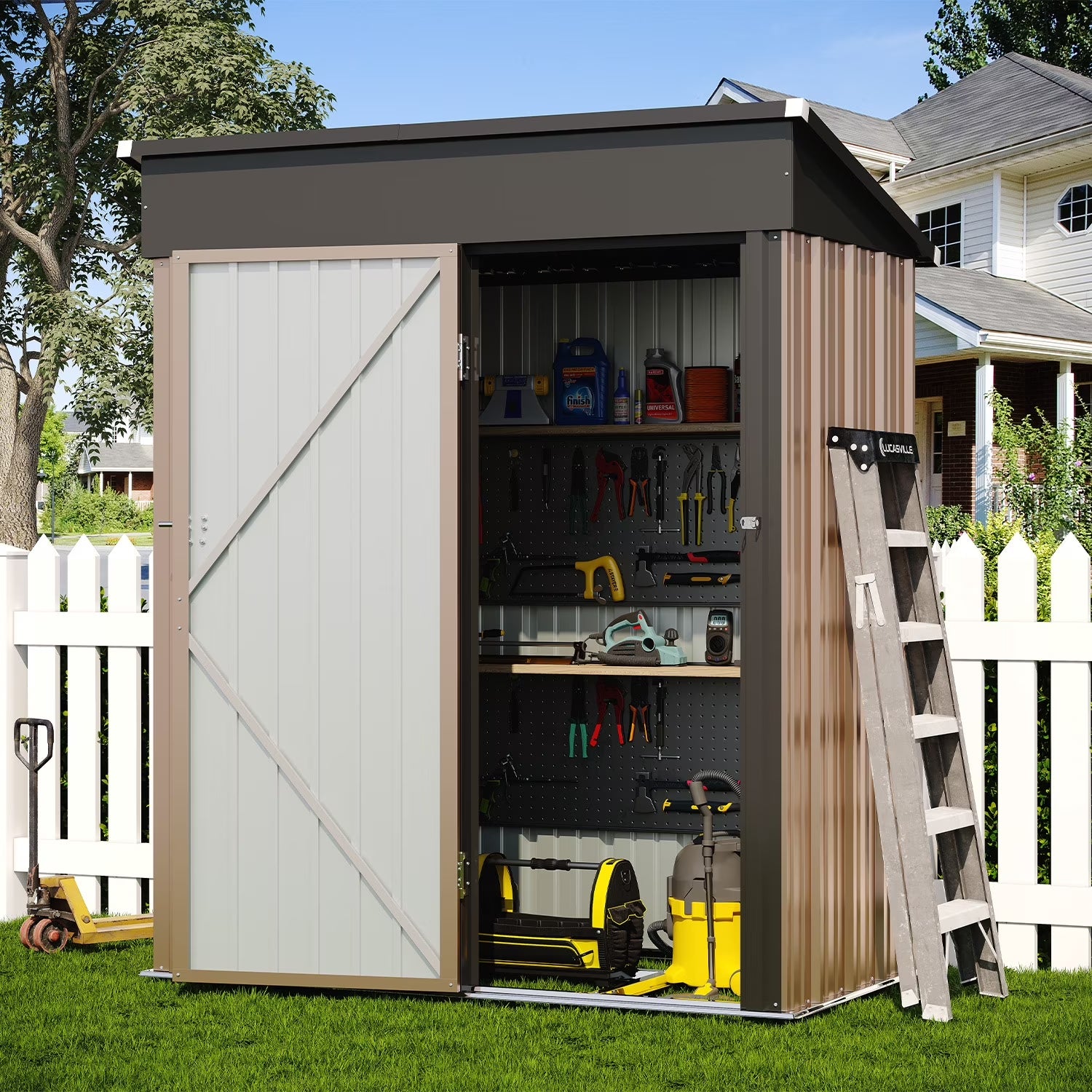 5X3 FT Outdoor Storage Shed with Base, Lockable Metal Tool Shed, Waterproof Galvanized Steel Garden Storage House for Backyard, Patio, Lawn - Brown