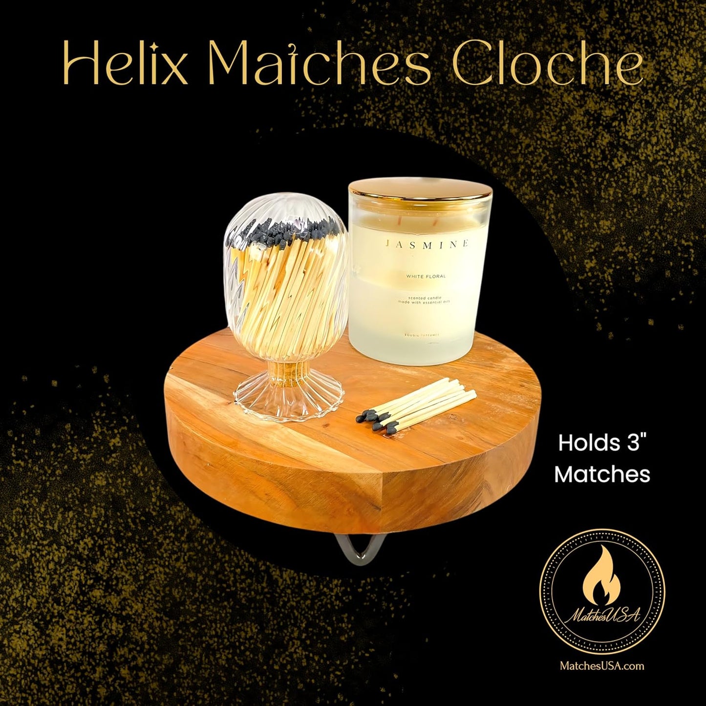 Includes Matches! | Helix Shaped Glass Matches Cloche | Spiral Decorative Match Holder Jar for Candles Set Display (Black Matches)