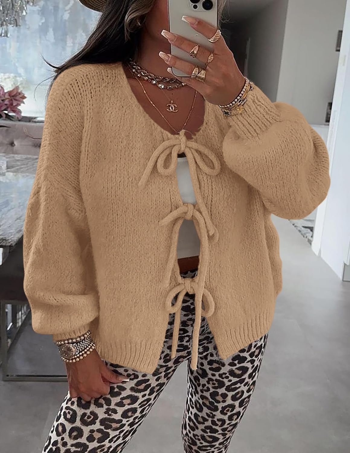 Women'S Tie Front Bow Cardigan Sweaters Chunky Knit Long Puff Sleeve Trendy Fall Winter Jacket Coats