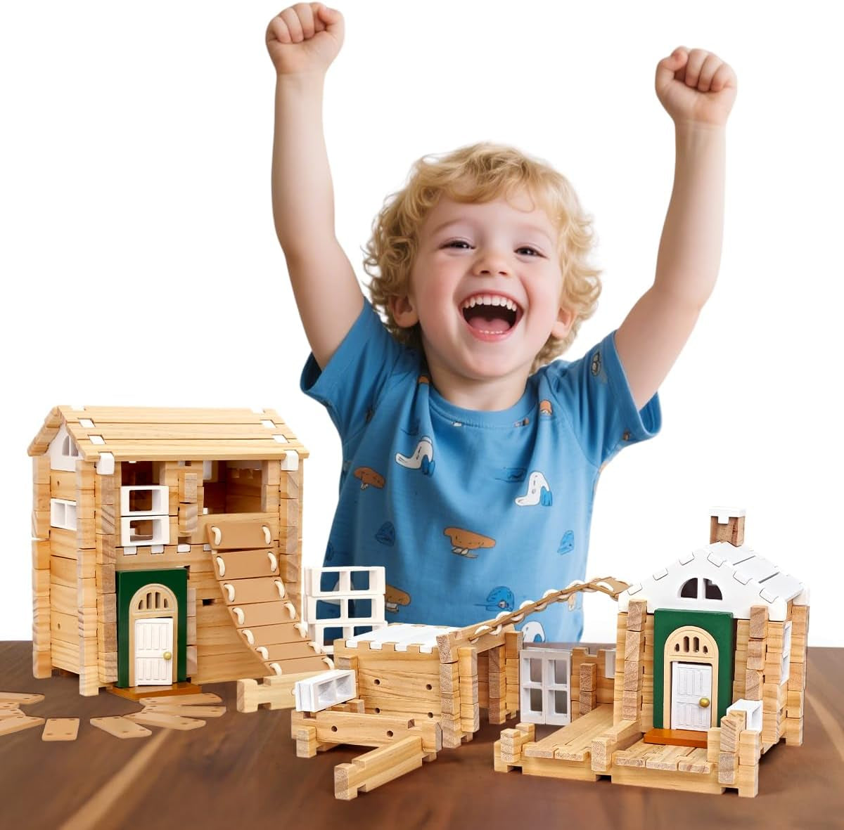 ＆Notchies 107 Pcs Wooden Blocks Toys with Door and Windows,Classic Old Fashioned Toys,Wooden Building Blocks for Kids Ages 4-8 Boys and Girls, (No Printed Manual)