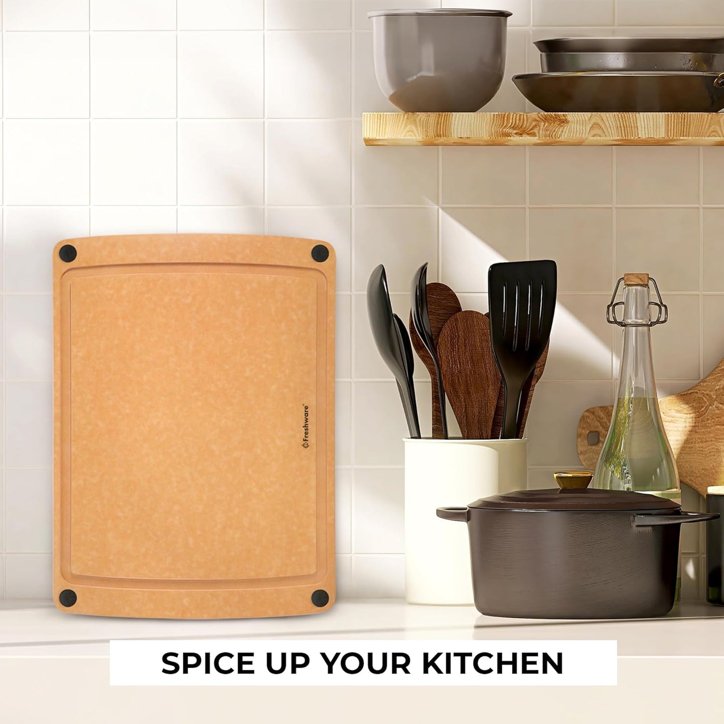 Wood Cutting Board for Kitchen, Juice Groove, Non-Slip Silicone Feet, Dishwasher Safe, Medium, 12" X 9", Natural