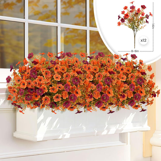 12Pc Artificial Fake Mums for Outdoors,Silk Fake Mums Flowers, Fall Flowers Artificial for Decoration,Outdoor Fake Plants for Door Porch Patio Planter Yard(Orange+Fuchsia)