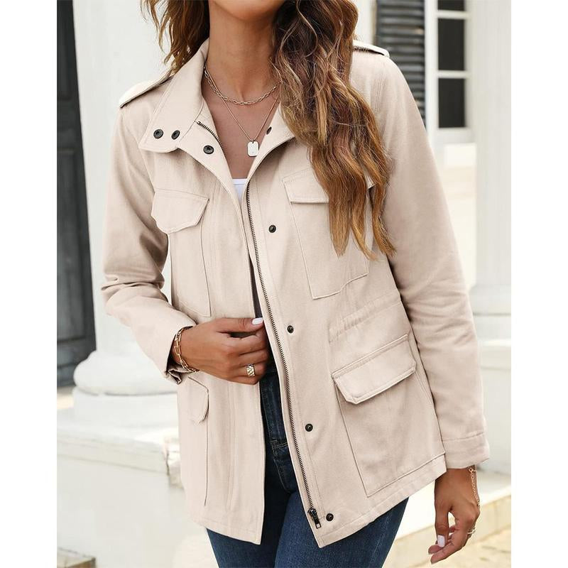 Yousify Womens Military Jacket Zip up Snap Buttons Lightweight Utility Anorak Field Safari Coat Outwear with Pocket
