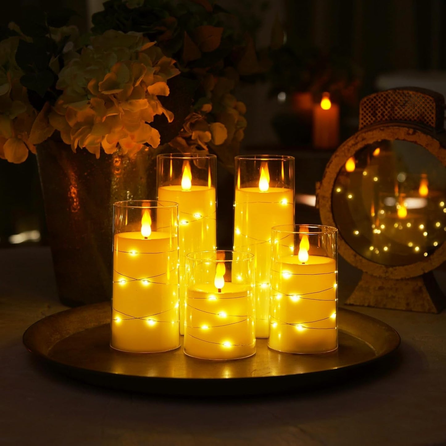 Flameless Candles with Embedded Star String Fairy Lights, Battery Operated Candles, LED Candle, Fake Candles with Remote Control and Timer, Ivory, Set of 5(H4 5" 6" 8" 8")
