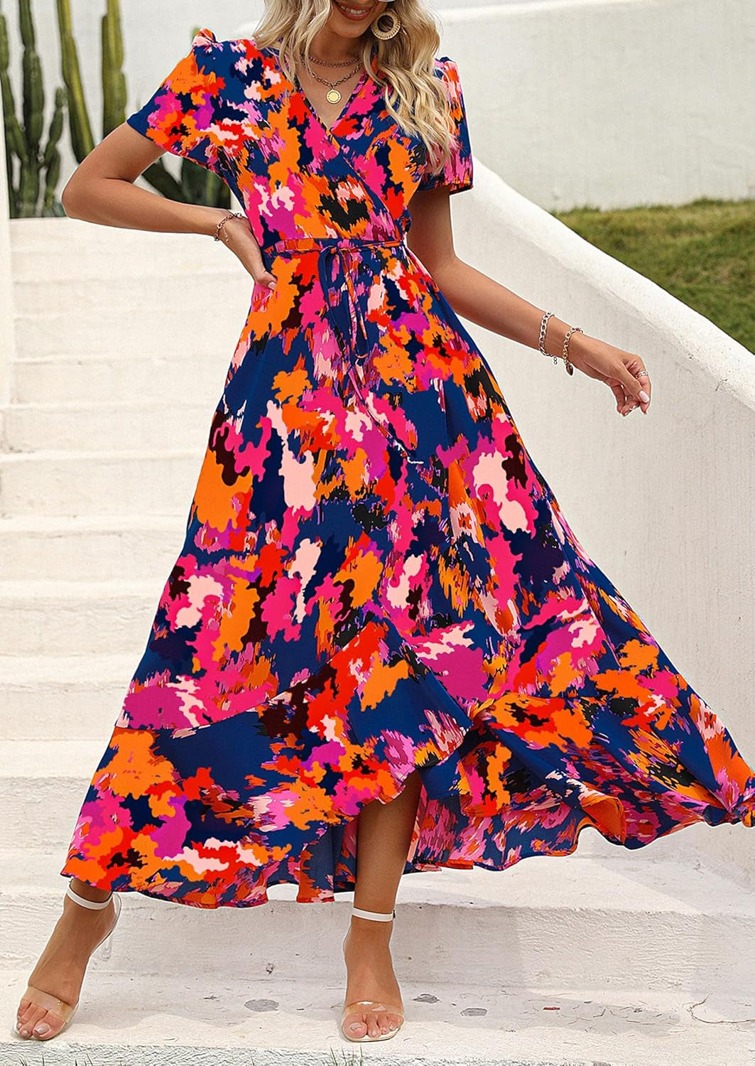Women'S Boho Floral Maxi Dress Summer Short Sleeve Wrap V Neck Long Flowy Beach Vacation Wedding Guest Dresses