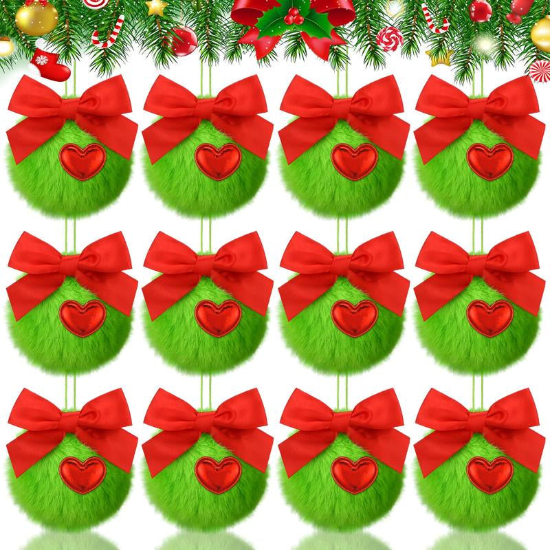 Christmas Ball Ornaments Set for Xmas Tree, Green Christmas Monster Decorations, Shatterproof Glittering Hanging Xmas Balls, Funny Lime Green Furry Christmas Decor, Cute Hanging Ornament with Red Bow, Holiday Party Home Wall Decor, Christmas Gifts