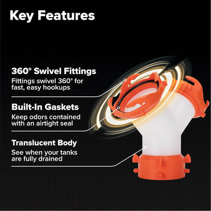 Rhinoflex Camper/Rv Wye Sewer Hose Fitting | Features 360-Degree Swivel Ends & Built-In Gaskets for Odor Tight Connection | Allows for 2 Sewer Hoses to Connect to the Same Dump Station (39812),