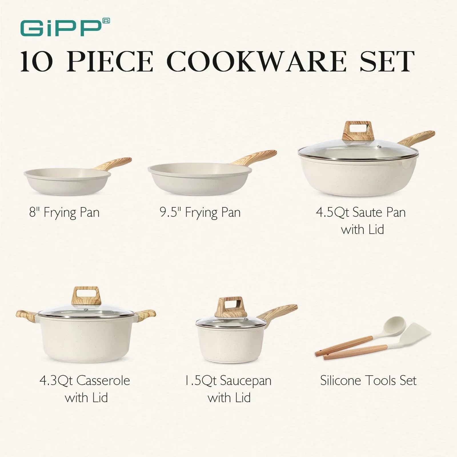 Gipp 10Pcs Nonstick White Granite Pots and Pans Set, Pfos-Free