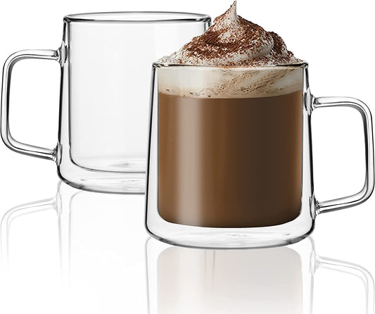 12Oz Glass Coffee Mugs,Double Wall Insulated Glass Cups with Handle,Clear Espresso Mugs for Latte,Cappuccino,Tea Bag,Set of 2