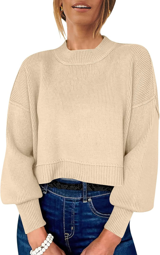 Womens Cropped Sweaters Oversized Crewneck Long Batwing Sleeve Side Slit Ribbed Knit Pullover Tops 2025 Fall Clothes
