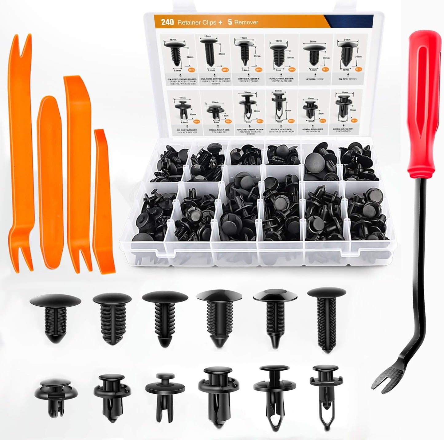 240PCS Bumper Retainer Clips Car Plastic Rivets Fasteners Push Retainer Kit 12 Popular Sizes Auto Push Pin Rivets Set -Door Trim Panel Fender Clips for GM Ford Toyota Honda Chrysler