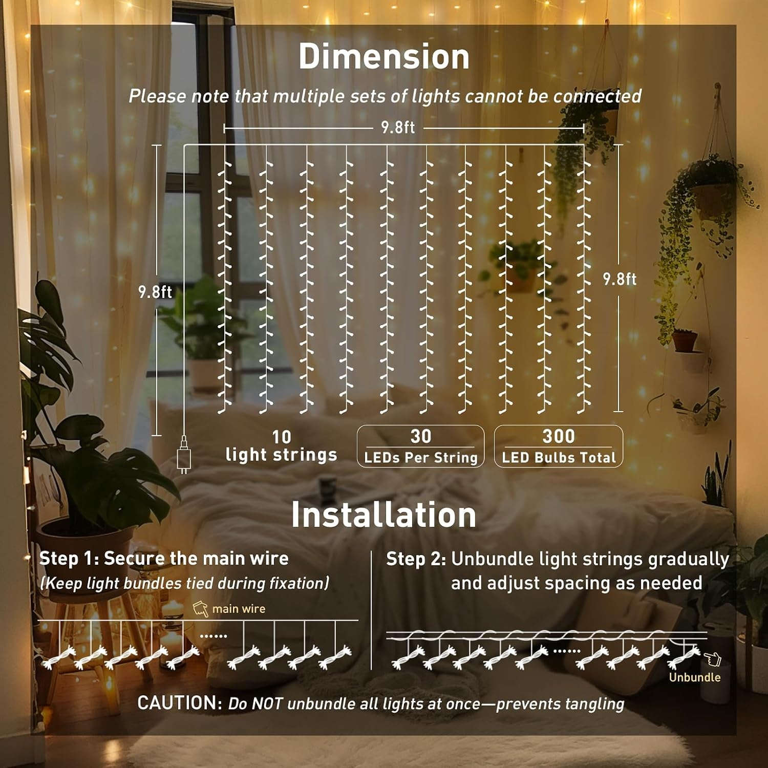 300 LED Remote Control Curtain Lights, Plug in Fairy Curtain Lights Outdoor, Window Wall Hanging String Lights for Bedroom Indoor Dorm Backdrop Wedding Party Patio Christmas Decor, Warm White