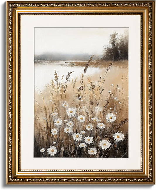 Vintage Gold Framed Wall Art, Wildflower Field Paintings, Floral Canvas Prints Artwork with Antique Frame, Victorian Wall Picture Decor for Room Gallery Living Room, 13X16 Inch