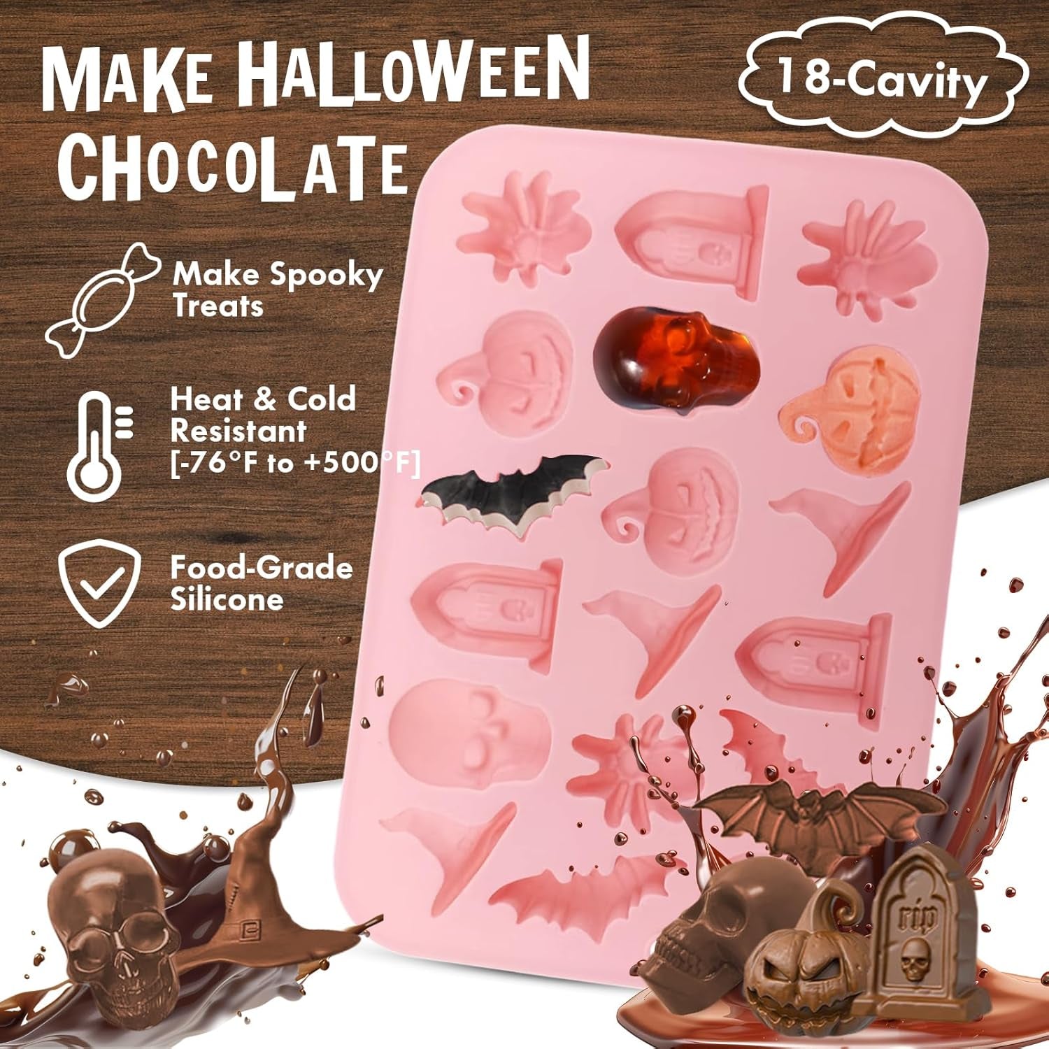 2-Pack Halloween Chocolate Molds, 18-Cavity Spider Skull Silicone Molds + 60 Foil Wrappers – DIY Candy, Chocolate & Treats