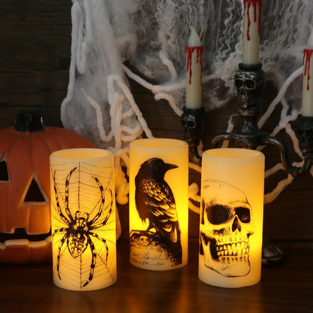 Halloween LED Flameless Flickering Candles Battery Operated with 6H Timer Skull Spider Web Crow Raven Spooky Decals Halloween Themed Indoor Decoration(3 Pack, D3 X H6)