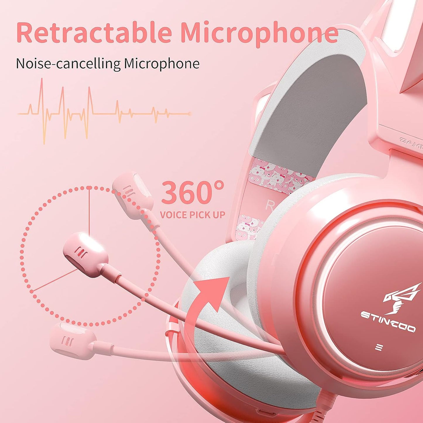 Pink Gaming Headset GS510, Wired, over Ear, Cat Ear Design with RGB Lighting, 7.1 Surround Sound, Retractable Mic, Compatible with PC, PS4, PS5