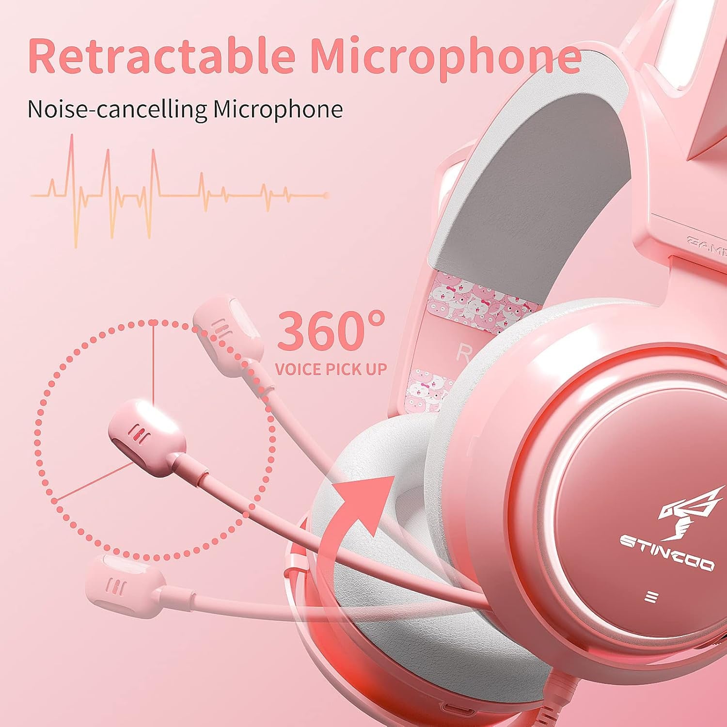 Pink Gaming Headset GS510, Wired, over Ear, Cat Ear Design with RGB Lighting, 7.1 Surround Sound, Retractable Mic, Compatible with PC, PS4, PS5