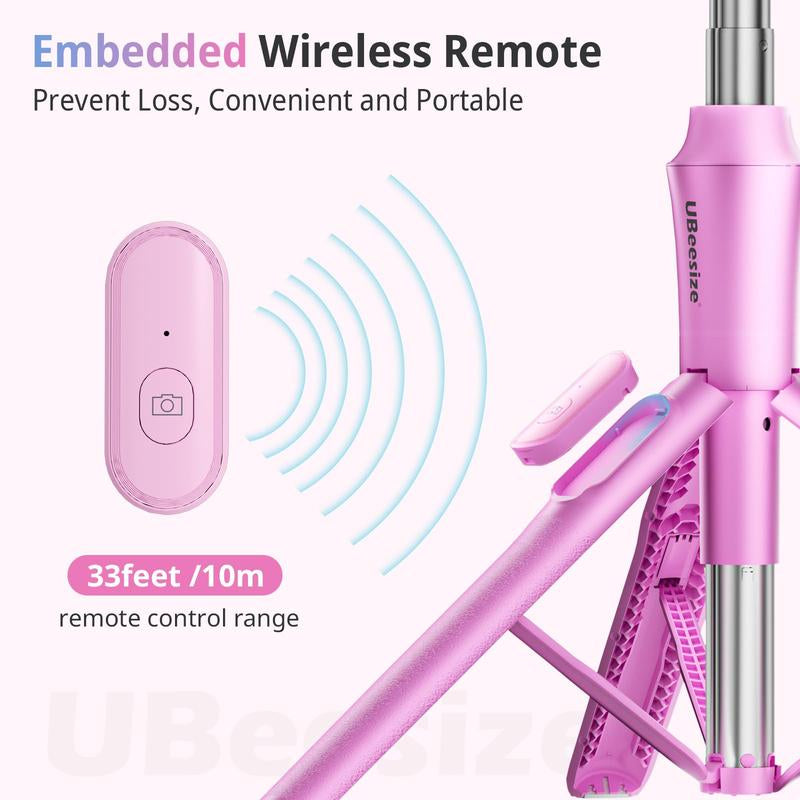 Ubeesize 62'' Magnetic Tripod for Iphone with Remote Extendable Cell Phone Stand Compatible Magsafe Selfie Stick for Iphone 15 14 13 12 11 Series & Android Phones Pink Aluminum Portable Compact Bluetooth Clip - Smartphone