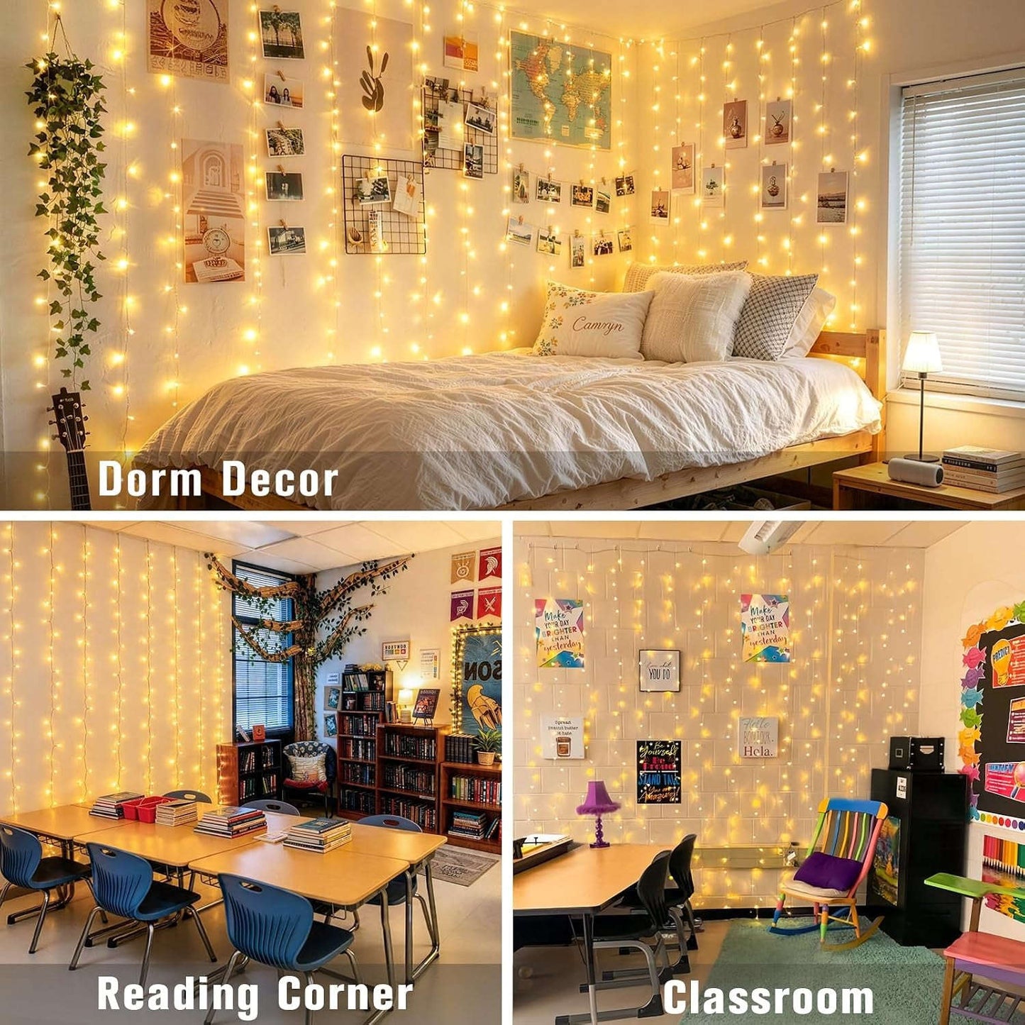 300 LED Remote Control Curtain Lights, Plug in Fairy Curtain Lights Outdoor, Window Wall Hanging String Lights for Bedroom Indoor Dorm Backdrop Wedding Party Patio Christmas Decor, Warm White