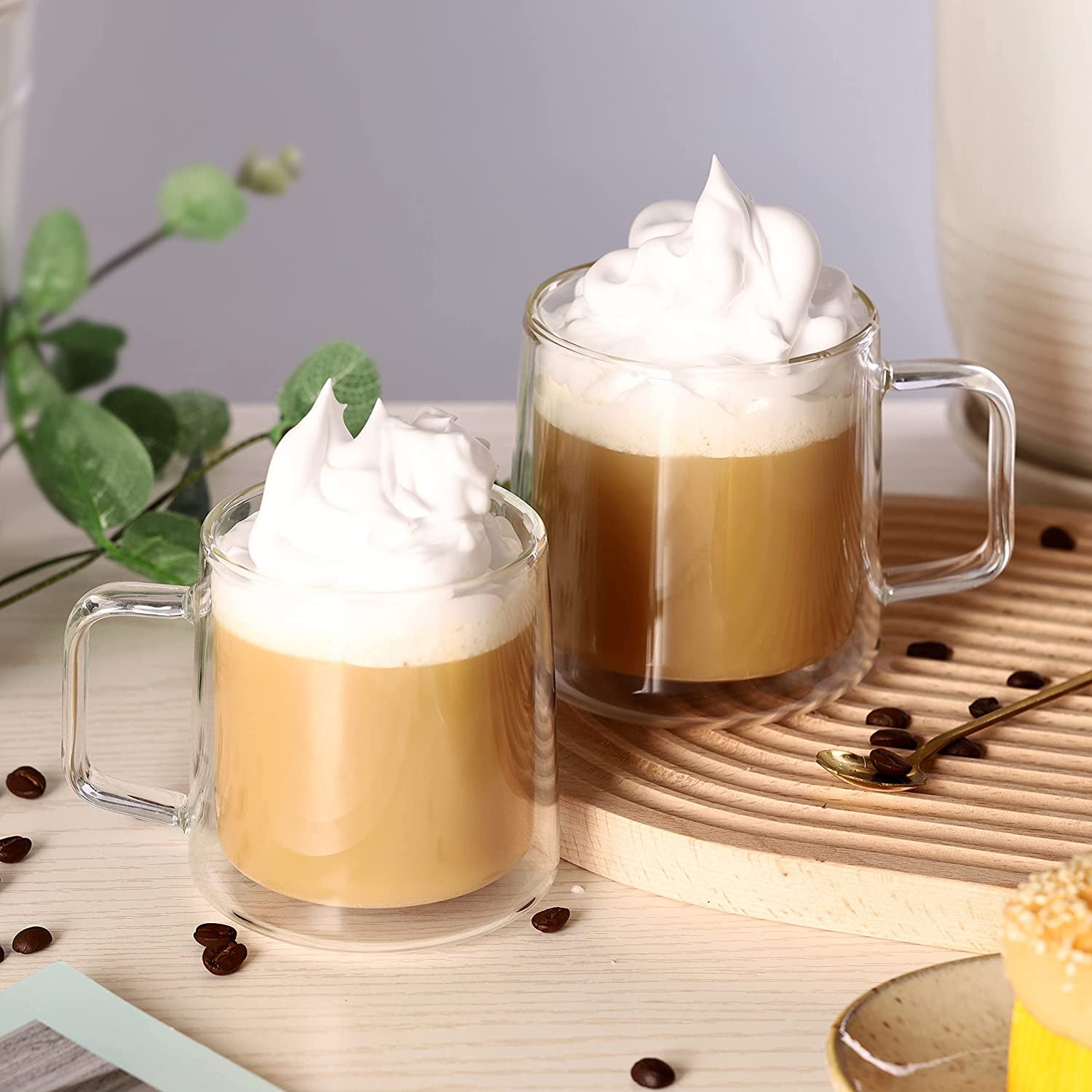 12Oz Glass Coffee Mugs,Double Wall Insulated Glass Cups with Handle,Clear Espresso Mugs for Latte,Cappuccino,Tea Bag,Set of 2