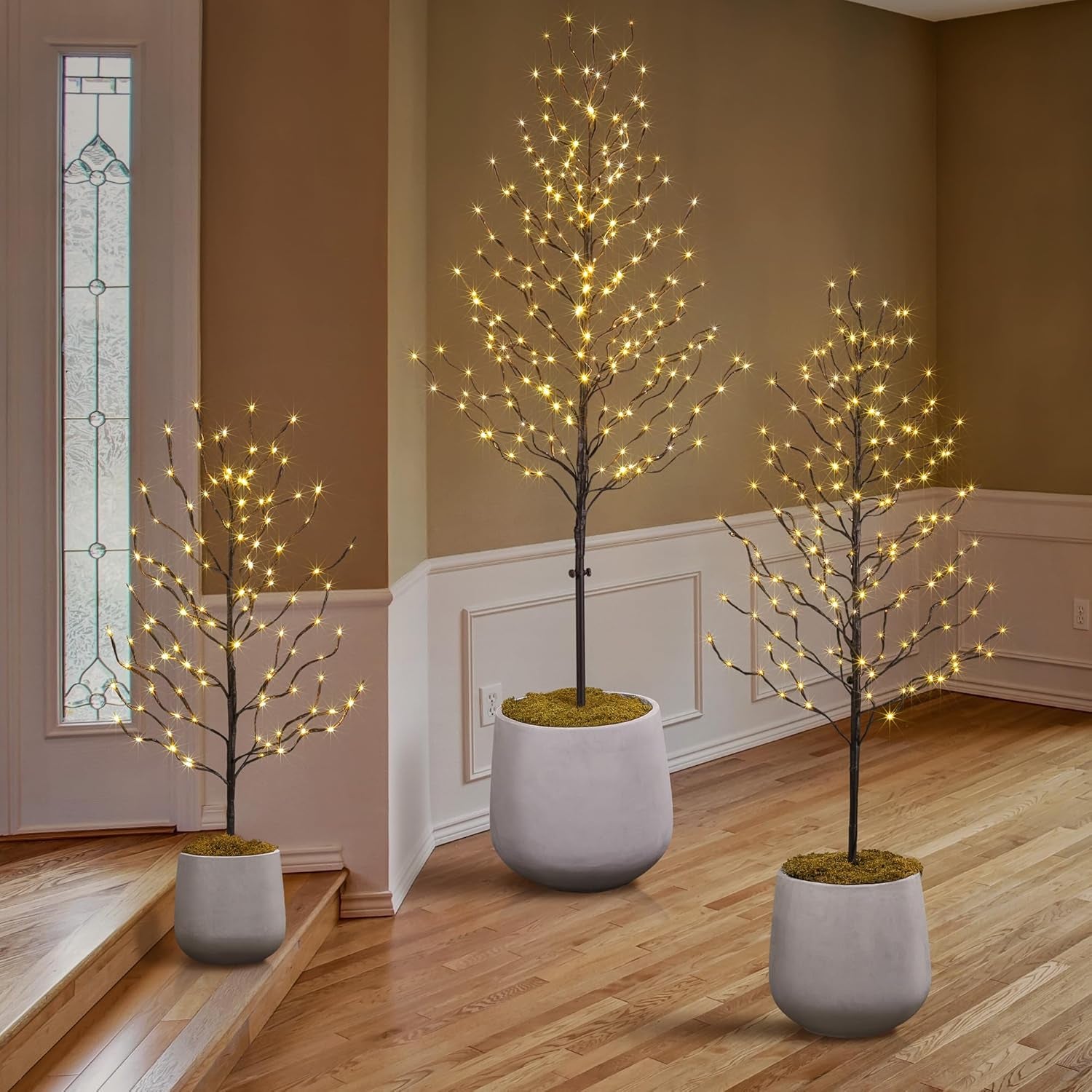 Set of 3 Star Light Trees Christmas Decorations, Including 3 Feet, 5 Feet, and 6 Feet, Warm White Christmas Tree, Brown Branch