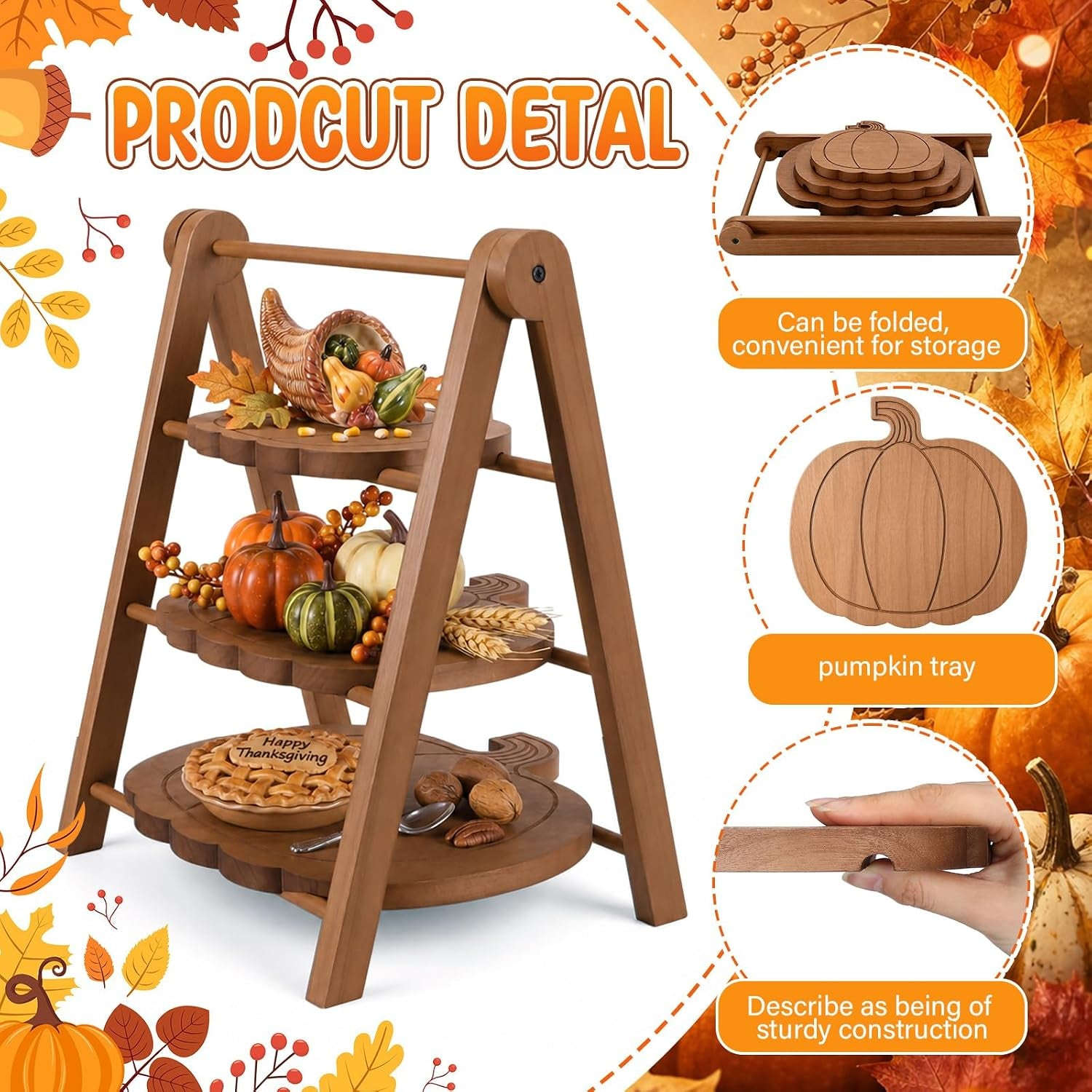 3 Tier Pumpkin Serving Trays Wooden Shaped Pumpkin Platters 12'' 10'' 8'' Charcuterie Plate Board Reusable Party Serving Plate for Halloween Fall Party Decoration