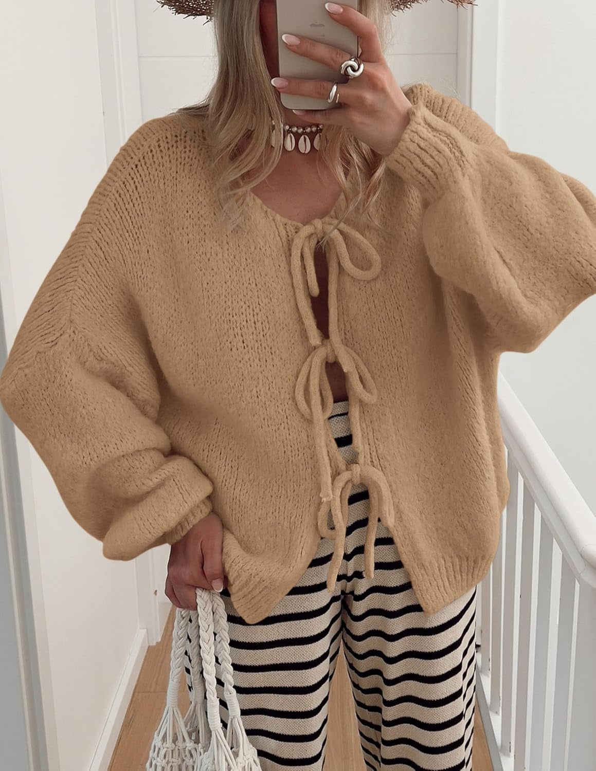 Women'S Tie Front Bow Cardigan Sweaters Chunky Knit Long Puff Sleeve Trendy Fall Winter Jacket Coats