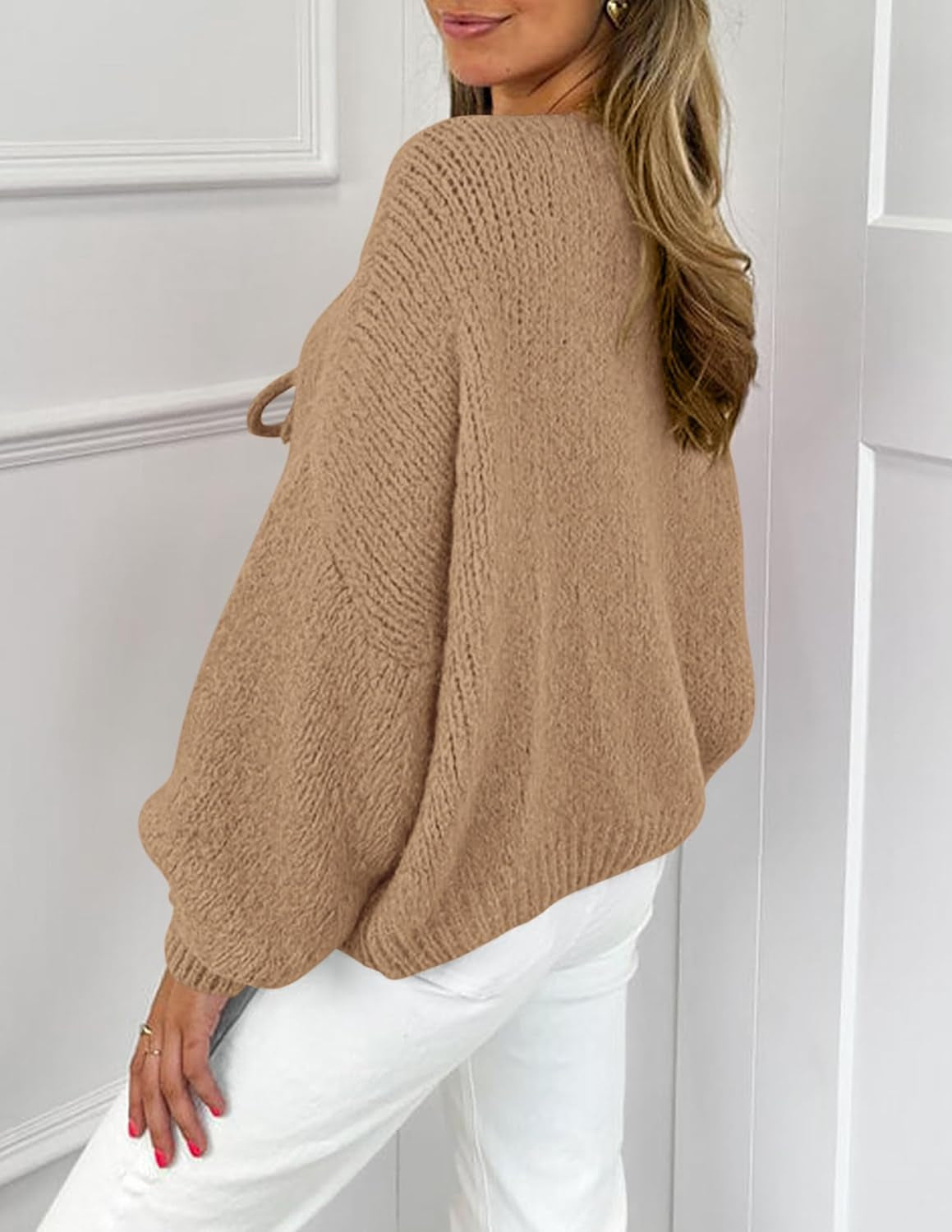 Women'S Tie Front Bow Cardigan Sweaters Chunky Knit Long Puff Sleeve Trendy Fall Winter Jacket Coats