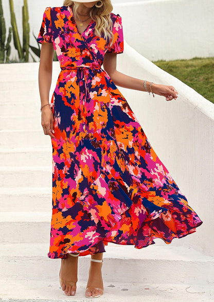 Women'S Boho Floral Maxi Dress Summer Short Sleeve Wrap V Neck Long Flowy Beach Vacation Wedding Guest Dresses