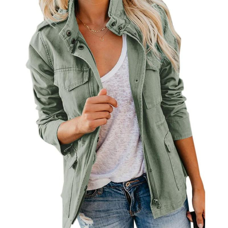 Yousify Womens Military Jacket Zip up Snap Buttons Lightweight Utility Anorak Field Safari Coat Outwear with Pocket