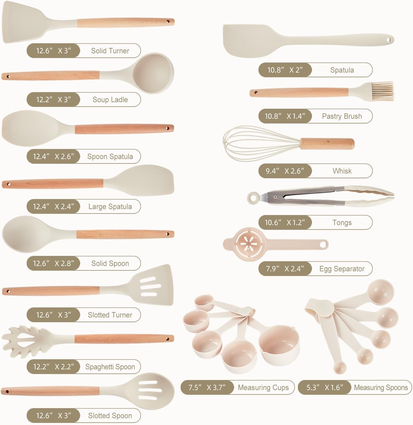 Kitchen Utensils Set - 34 PCS Non-Stick Silicone Cooking Utensils Set with Wooden Handle,Kitchen Gadgets Tools Set for Nonstick Cookware (Cream White-34P)