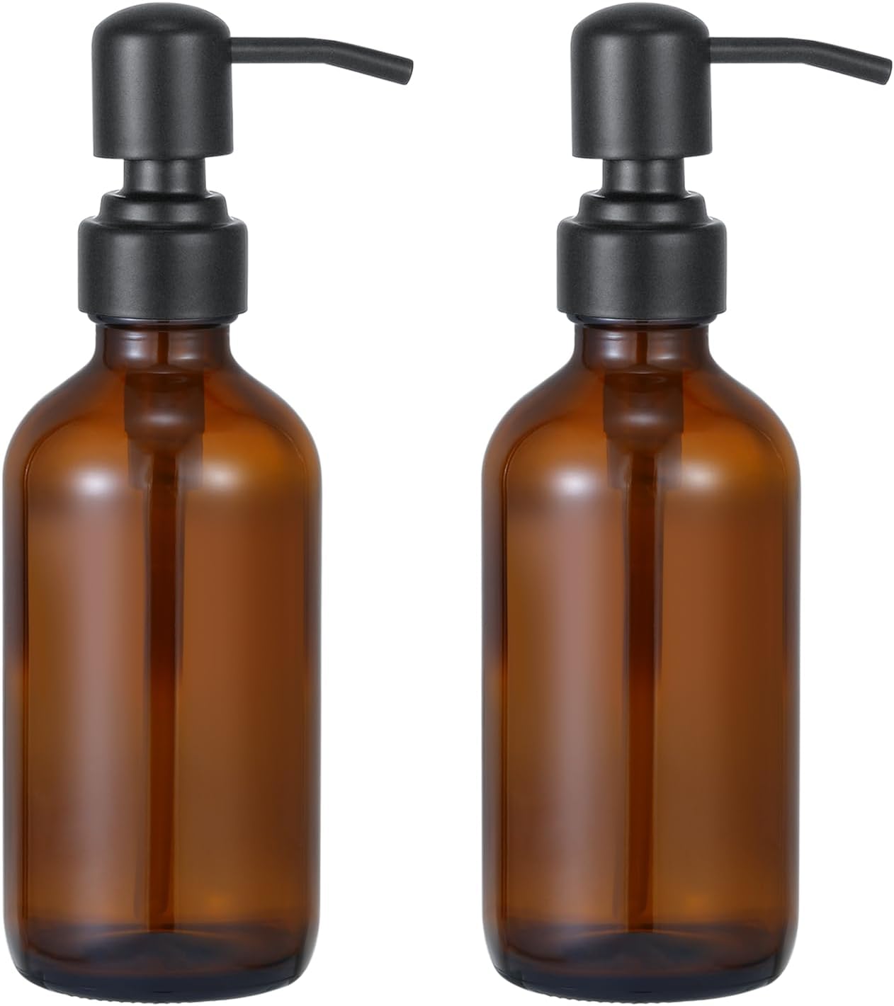 2Pcs 8Oz Amber Glass Jar Soap Dispenser with Matte Black Pump,Round Bottle with Pump, Bathroom Soap Dispenser Set for Farmhouse Home Kitchen Decor (Amber Glass - Matte Black Pump)