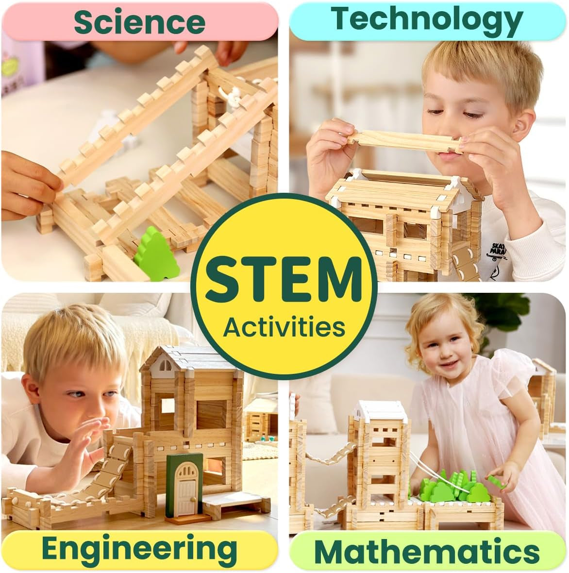 ＆Notchies 107 Pcs Wooden Blocks Toys with Door and Windows,Classic Old Fashioned Toys,Wooden Building Blocks for Kids Ages 4-8 Boys and Girls, (No Printed Manual)