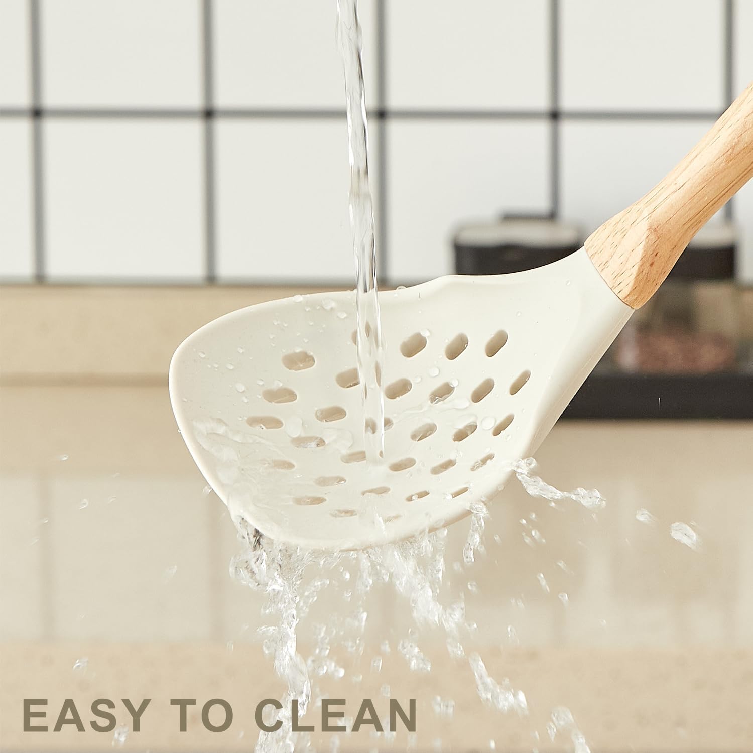 Kitchen Utensils Set - 34 PCS Non-Stick Silicone Cooking Utensils Set with Wooden Handle,Kitchen Gadgets Tools Set for Nonstick Cookware (Cream White-34P)