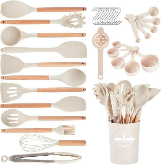 Kitchen Utensils Set - 34 PCS Non-Stick Silicone Cooking Utensils Set with Wooden Handle,Kitchen Gadgets Tools Set for Nonstick Cookware (Cream White-34P)