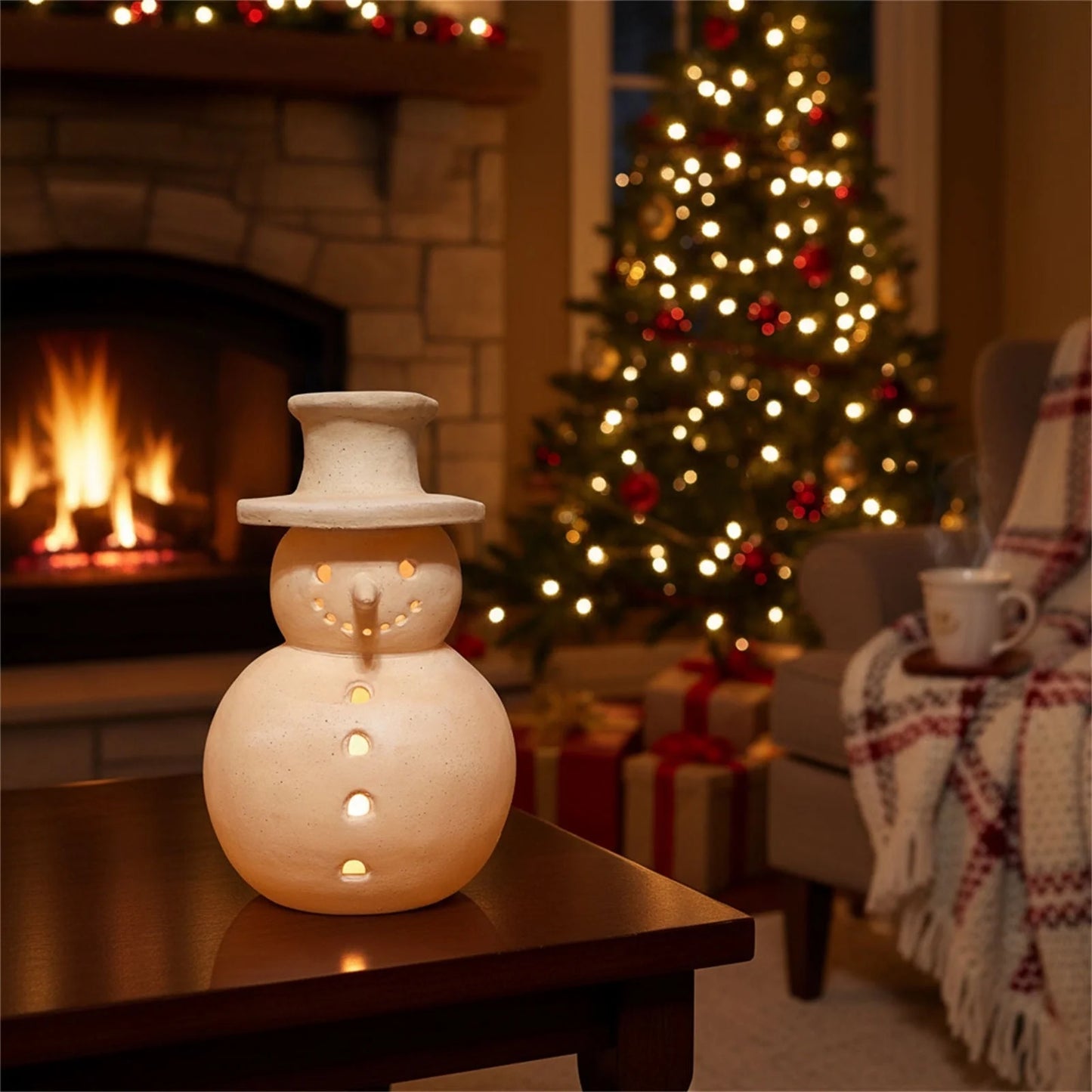 Christmas Decorations Indoor Outdoor- 1 Pack Handmade Terracotta Snowman Figurines - White Clay Winter Decor Holiday Rustic Unique Decor for Home Table Room Farmhouse