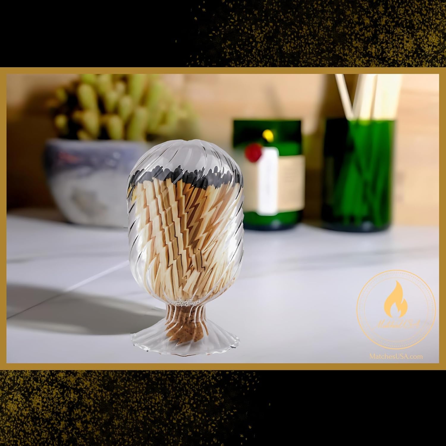 Includes Matches! | Helix Shaped Glass Matches Cloche | Spiral Decorative Match Holder Jar for Candles Set Display (Black Matches)