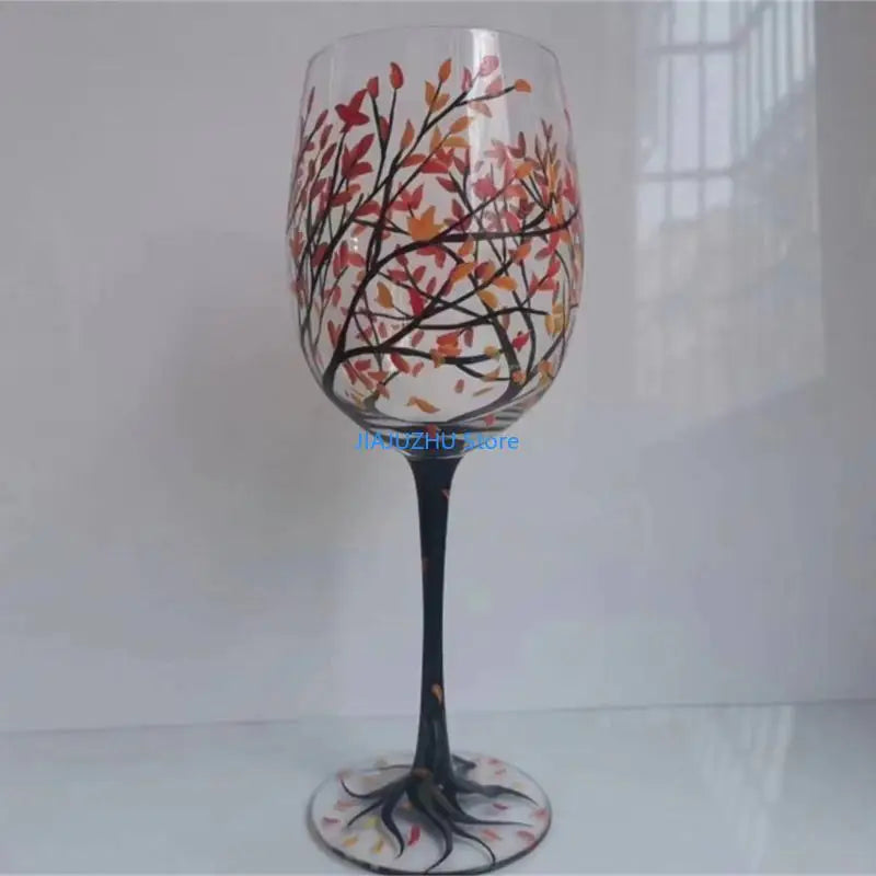 066E Four Seasons Tree Wine Glass Hand-Painted Art Glassware Unique Glasses Drinkware for Home Office Decorative Gift Cups